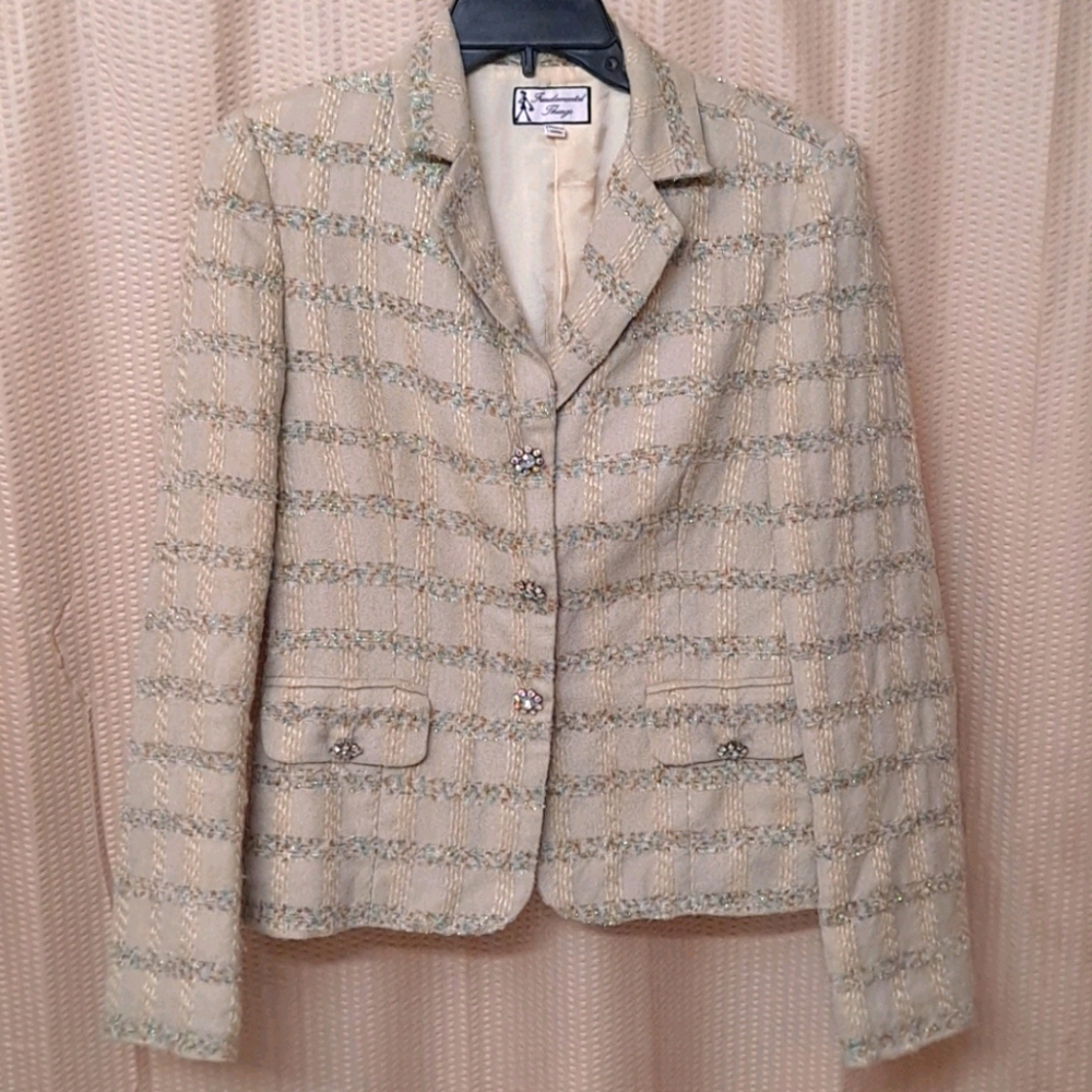 Vintage Tinsel Winter Holiday Plaid Blazer with Floral Brooch Snaps